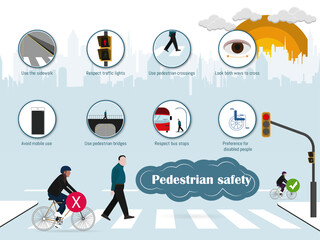 Infographic pedestrian safety with 8 safety tips.August 17 World Pedestrian Day