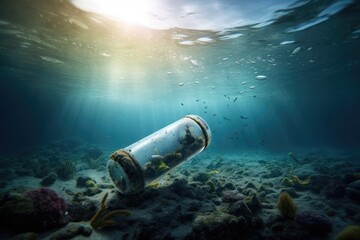 An empty plastic bottle floats in seawater contamination of the sea with waste. Generative ai