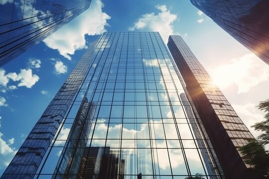 View of modern business skyscrapers glass and sky view landscape of commercial building. Generated AI