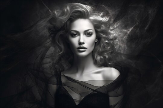 black and white picture of pretty blonde woman in black dress created with Generative AI technology