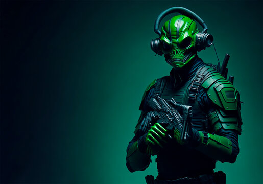 Portrait of stylish green alien in military wear of extraterrestrial special forces holding gun and standing on dark background. Generative AI technology