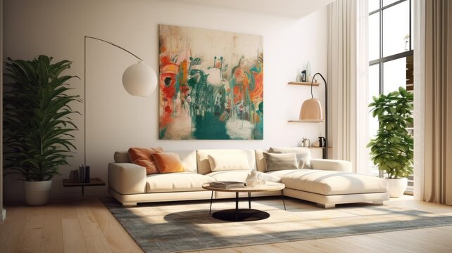 Interior of living room with white sofa. Generative AI