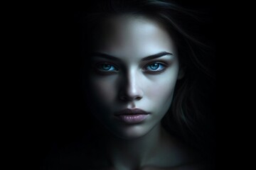 serious face of beautiful woman with blue eyes created with Generative AI technology