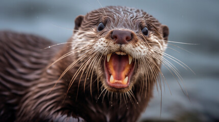 Obraz premium An amusing photo of an otter with its mouth wide open, as if caught mid-yawn, showcasing its delightful and expressive face Generative AI
