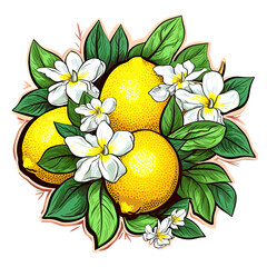 Citrus fruit and flowers colorful composition with lemons illustration. Round arrangement bouquet, generative AI