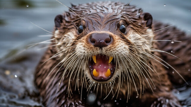 A hilarious photo of an otter making a funny face, with its whiskers all askew, creating a moment of pure laughter Generative AI