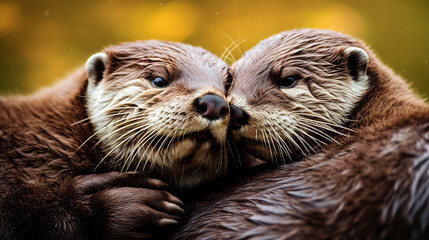 Fototapeta premium An adorable photo of two otters cuddling together, sharing a moment of pure love and companionship Generative AI