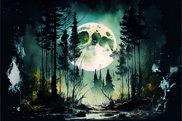 Mystical night landscape, forest and huge moon in the background. Watercolor illustration.