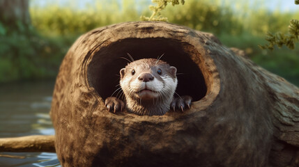 An amusing scene of an otter poking its head out of a hollow log, with a curious expression that invites laughter Generative AI