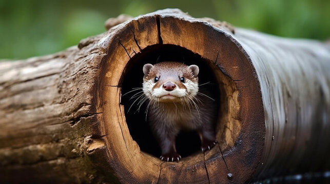 An amusing scene of an otter poking its head out of a hollow log, with a curious expression that invites laughter Generative AI