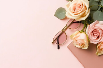 Workplace women accessories, sunglasses, flowers. Free space on pink background. Flat lay. Generative AI.