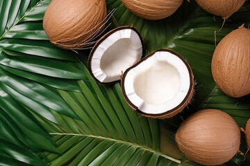 Top view shot of coconuts background tropical palm. Flat lay. Generative AI.
