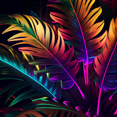 Multicolored tropical branches on a dark background. The leaves are illuminated with colorful neon.