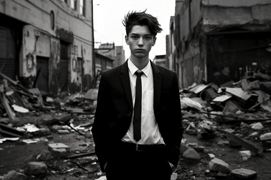 young man in black suit stands in the ruins of a city created with Generative AI technology
