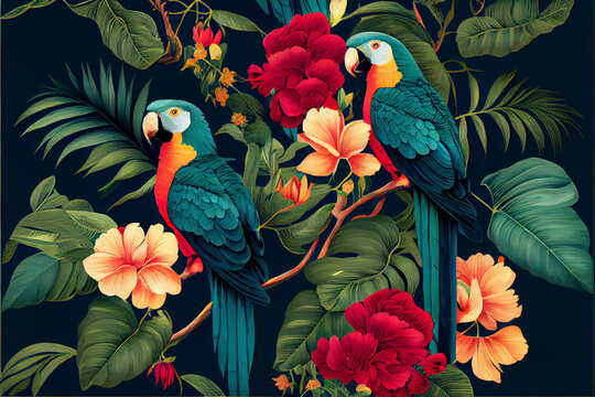 Pattern of tropical leaves in bright and rich colors. Parrots among the leaves.