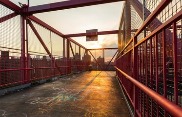 Beautiful view of the Williamsburg Bridge Trolley terminal during the sunrise