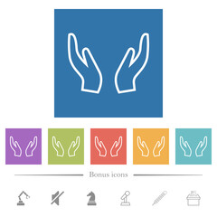 Empty protecting hands outline flat white icons in square backgrounds