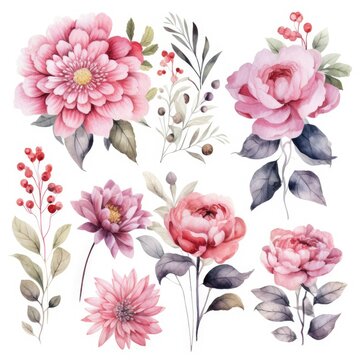 Wedding floral composition. Watercolor flowers isolated on white background. Botanical illustration. Generative AI