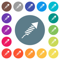 Firework rocket flat white icons on round color backgrounds