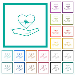 Health insurance outline flat color icons with quadrant frames