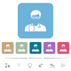 Medic with glasses avatar flat icons on color rounded square backgrounds