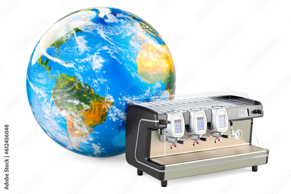 Poster espresso coffee machine professional with earth globe. 3d rendering
