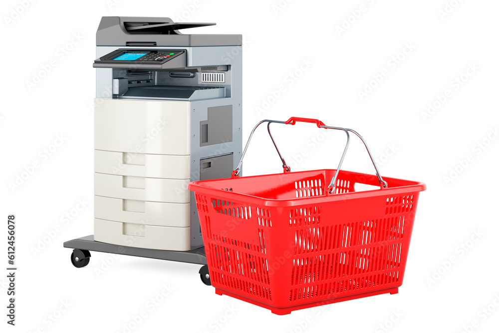 Poster office multifunction printer mfp with shopping basket. 3d rendering