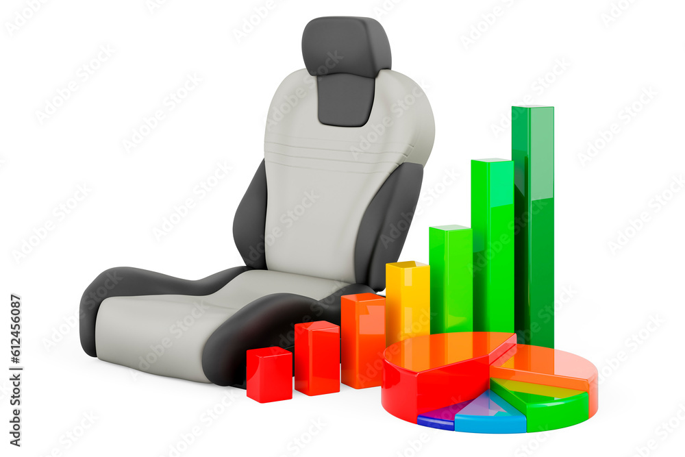Poster leather bucket seat with growth bar graph and pie chart. 3d rendering