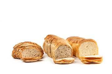 Sliced bread with a crispy brown crust on white background.