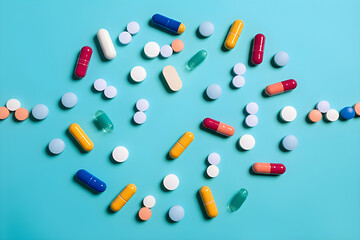 Creative layout made of colorful pills and capsules on blue background. Minimal medicine concept. Medicines, covid-19 or coronavirus. Lay flat, top.. 