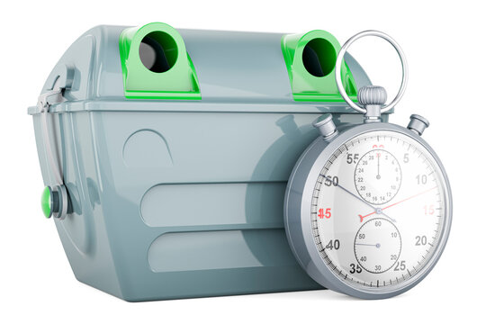 Gray garbage container with stopwatch, 3D rendering