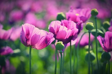 Beautiful purple blooming plants in a field on a summer sunny day. Winter poppy - Czech blue poppy. (Papaver somniferum)