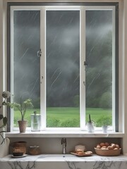 view of a window from inside with rain in the background