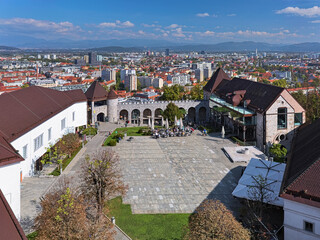 Ljubljana, Slovenia. Inner courtyard of Ljubljana Castle and Nord-East part of the city. View from the lookout tower. The castle was founded in the 11th century.