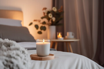 Obraz na płótnie Canvas A scented candle in a modern bedroom. AI generative