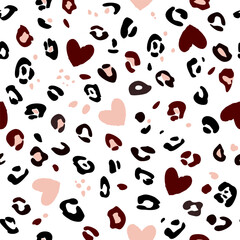 Leopard spots and hearts on  white background. Animal skin abstract print seamless pattern. Abstract modern hand drawing. Trendy vector design for print on wallpaper, fabric, cover