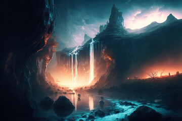 Fantasy landscape with waterfall and mountains. AI	