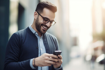 Obraz na płótnie Canvas Smiling young man using smartphone in a city. AI 