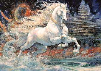 Obraz na płótnie Canvas fantasy white horse in run, generative ai
