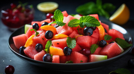 A refreshing fruit salad with juicy watermelon slices and refreshing mint leaves,