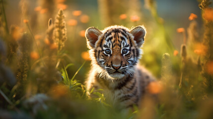 Fototapeta na wymiar Cute Tiger Cub in a Meadow on a Beautiful Summer Generative AI