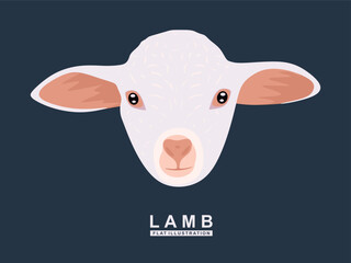 Cute lamb head vector. Flat illustration of portrait of animal lamb isolated on blue background. Agriculture concept. Farm animal vector illustration