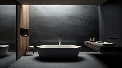 Fototapeta na wymiar Modern Luxurious Minimalist bathroom in Tokyo, sleek bathtub amidst stone and wood texture, Ambient Lights and Nature - Generative AI