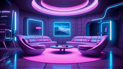 Modern Futuristic Neon Room Inside a Spaceship Heading to Mars, Future Humanity in 2077 , Tron Style, Purple and blue accents, LEDS - Generative AI - obrazy, fototapety, plakaty