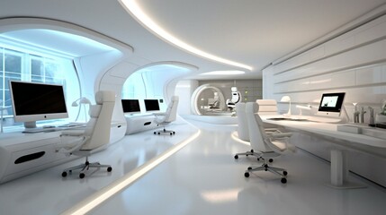 Futuristic White Office Interior, Sleek Curves, High-tech Workstations, LED Ambient Lighting, Minimalist Aesthetics, Productive Afternoon in a Digital Realm - Generative AI