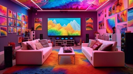 Artistic design interior, modern high-end ultra Colourful , Painting and Lights, Multi-color RGB Style - Generative Ai