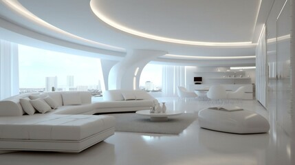 High-end Futuristic minimalist Design Modern Luxurious Living Room in penthouse Home Interior, clean full white, luxury Home, noon in Dubaï  - Generative AI
