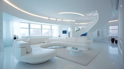 High-end Futuristic minimalist Design Modern Luxurious Living Room in penthouse Home Interior, clean full white, luxury Home, noon in Dubaï  - Generative AI