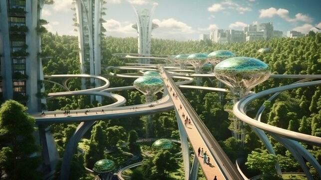 Futuristic Human Modern City on Erath in 2089, Advanced Technology and great nature, humanity in the future - Generative AI