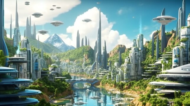 Futuristic Human Modern City on Erath in 2089, Advanced Technology and great nature, humanity in the future - Generative AI